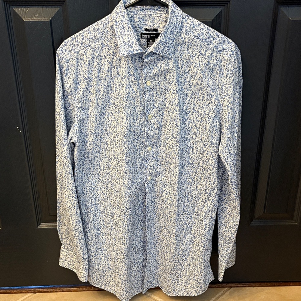 Bar III White and Slim Fit Blue Patterned Button Down Shirt